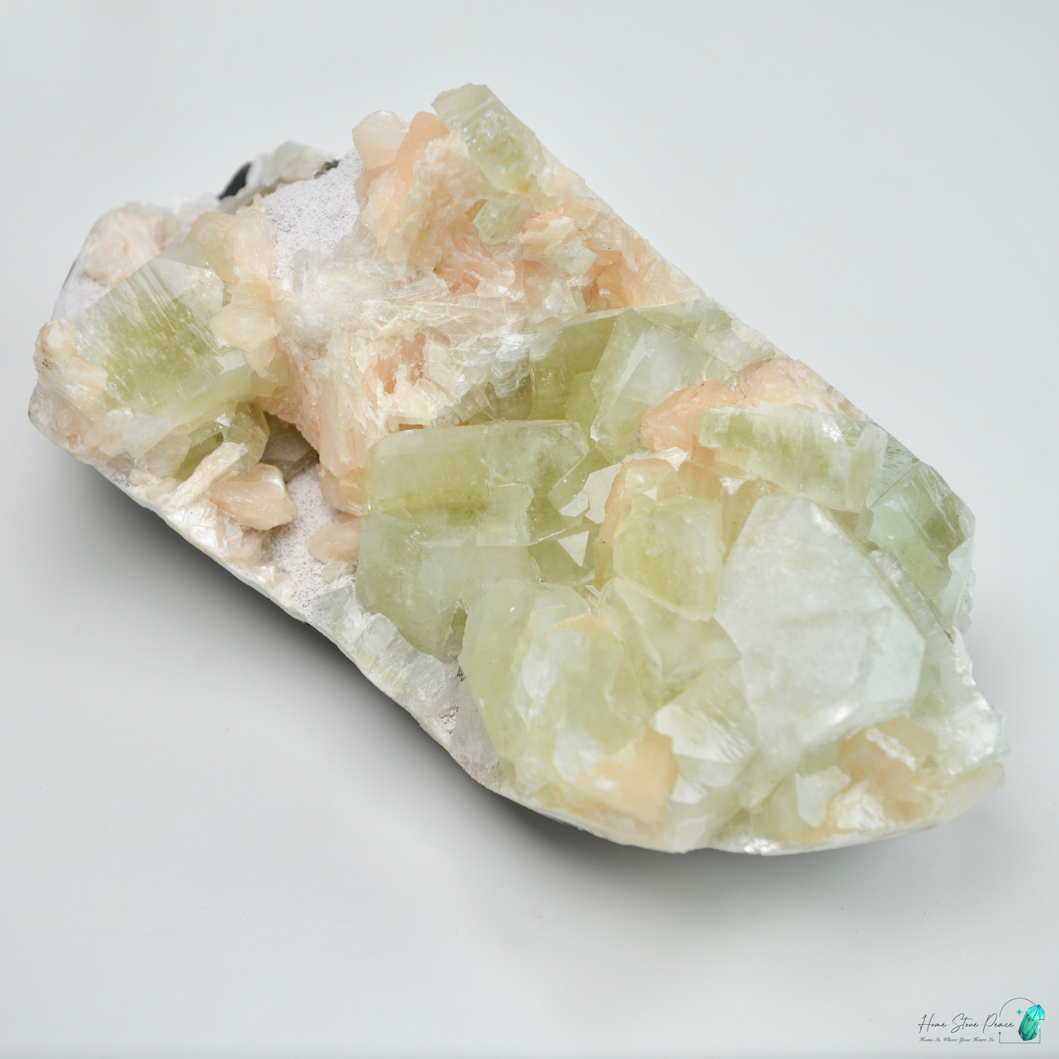 精品印度大顆綠魚眼石橙輝沸石共生原石 Green Apophyllite with Peach Stilbite Cluster