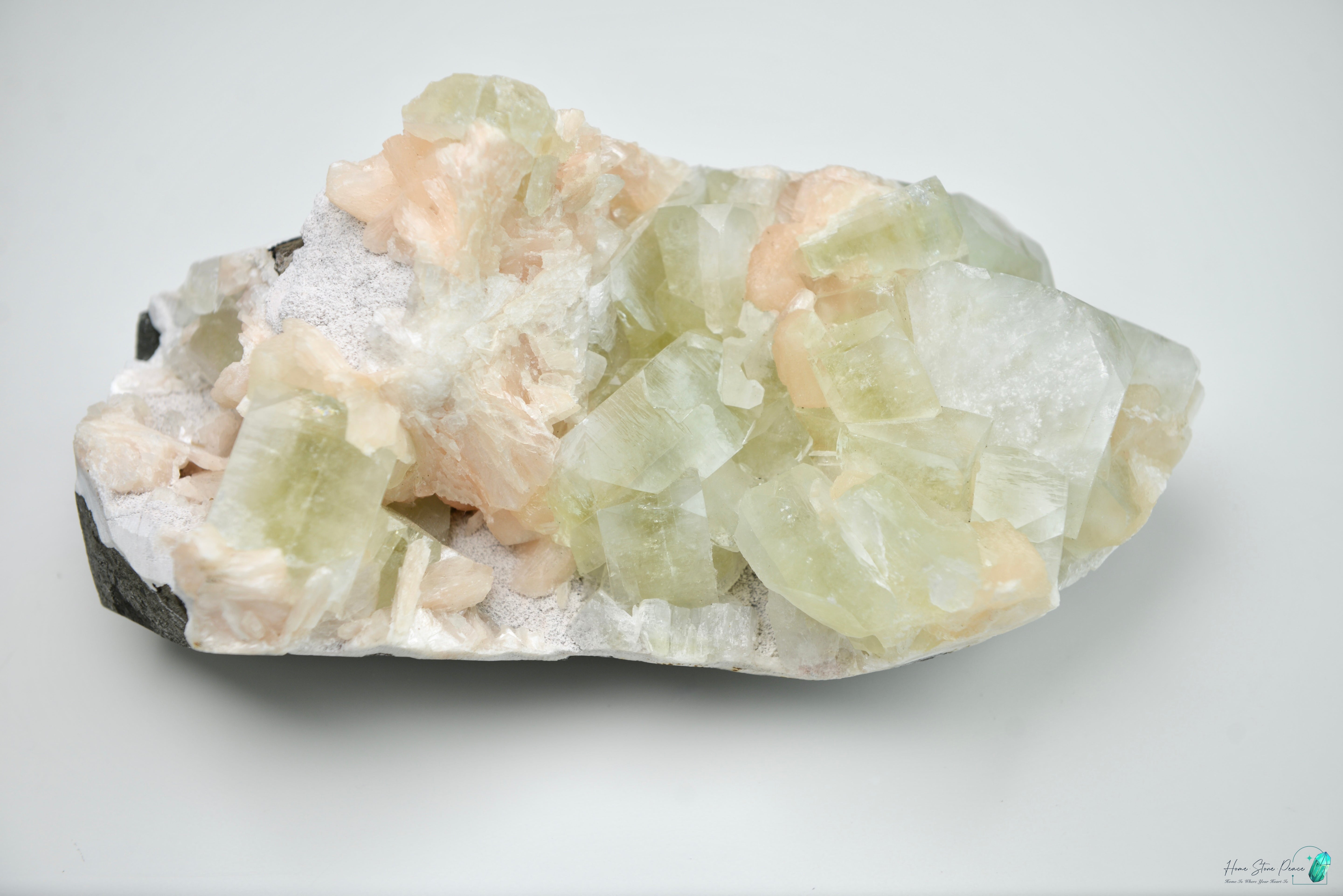 精品印度大顆綠魚眼石橙輝沸石共生原石 Green Apophyllite with Peach Stilbite Cluster