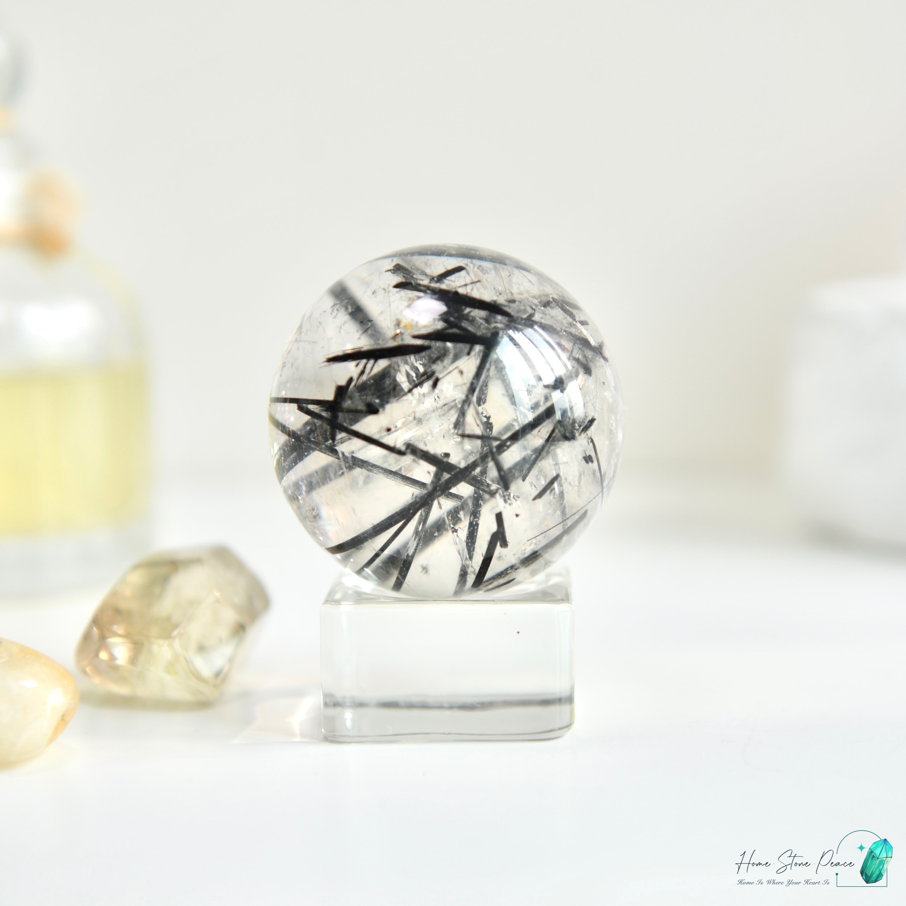 黑碧璽黑髮晶共生白水晶球 Black Tourmaline Black Rutiles in Quartz