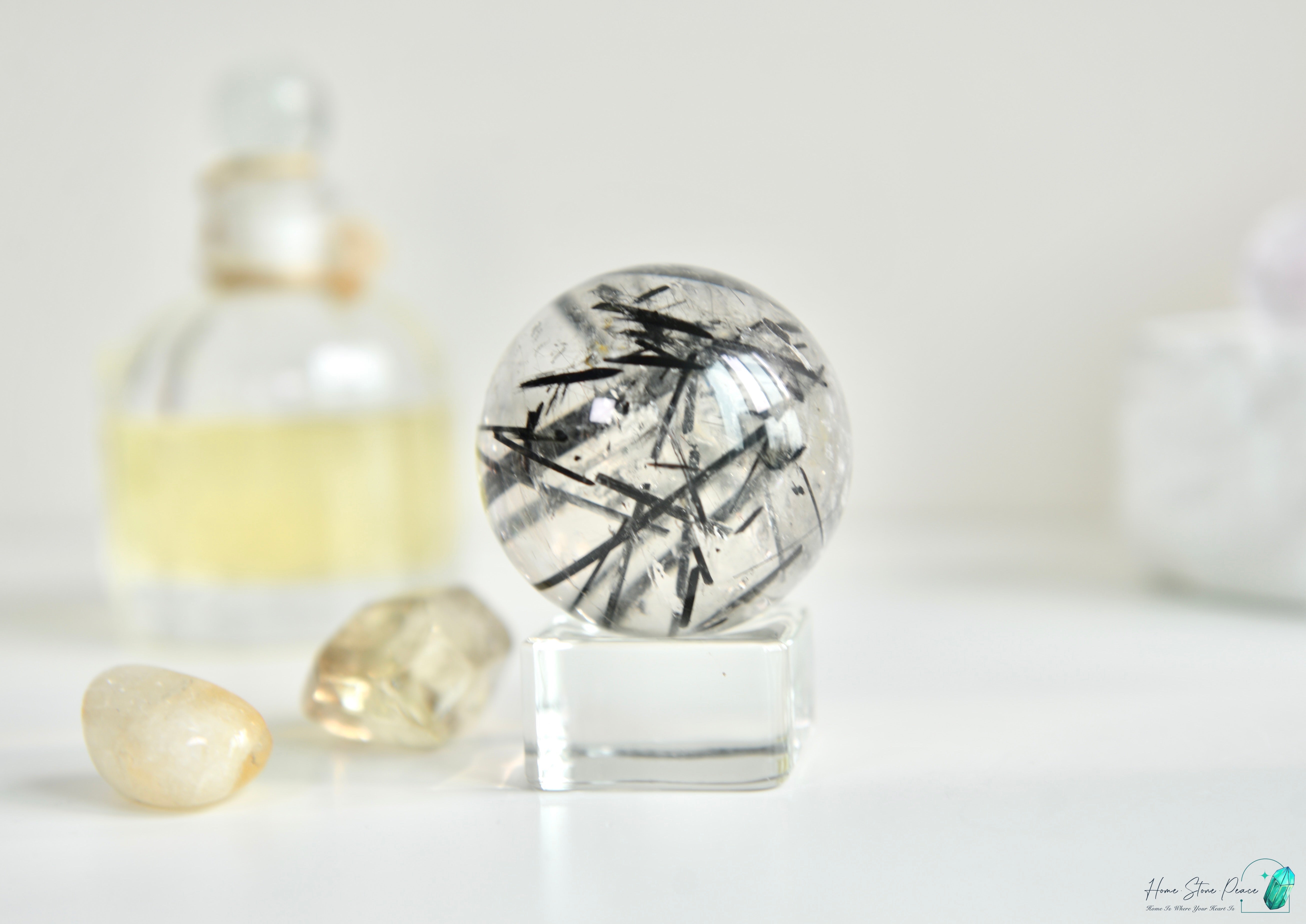 黑碧璽黑髮晶共生白水晶球 Black Tourmaline Black Rutiles in Quartz