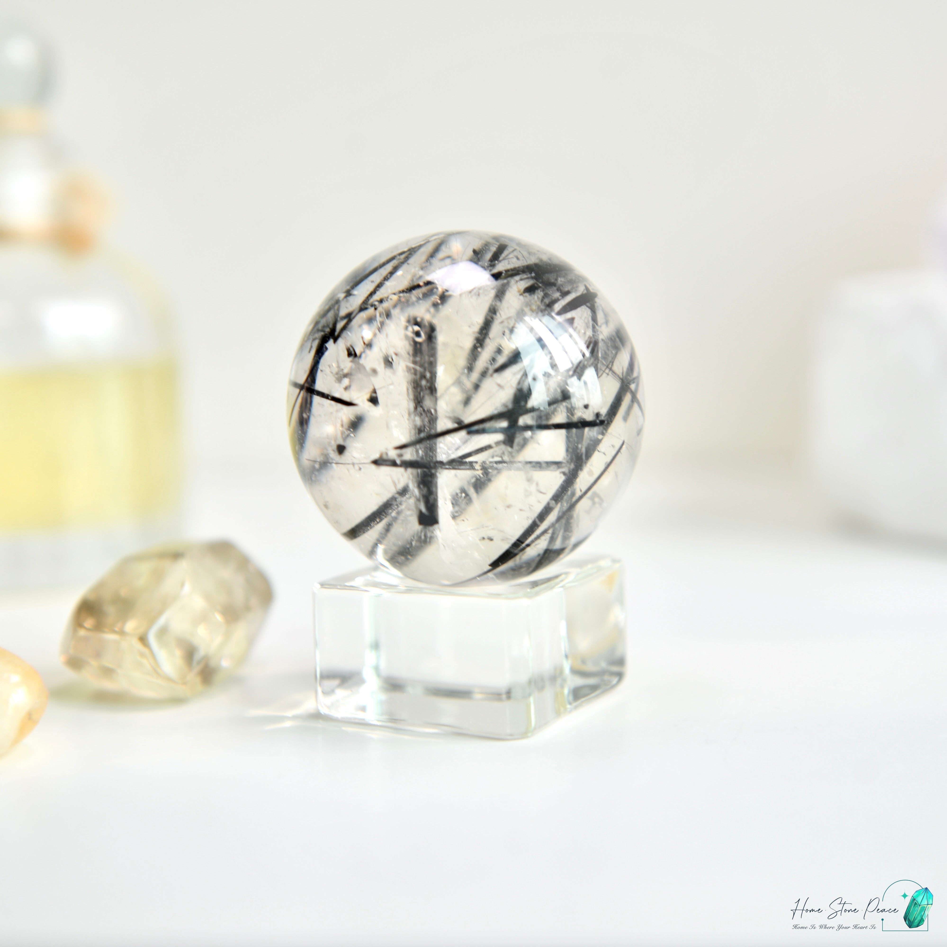 黑碧璽黑髮晶共生白水晶球 Black Tourmaline Black Rutiles in Quartz