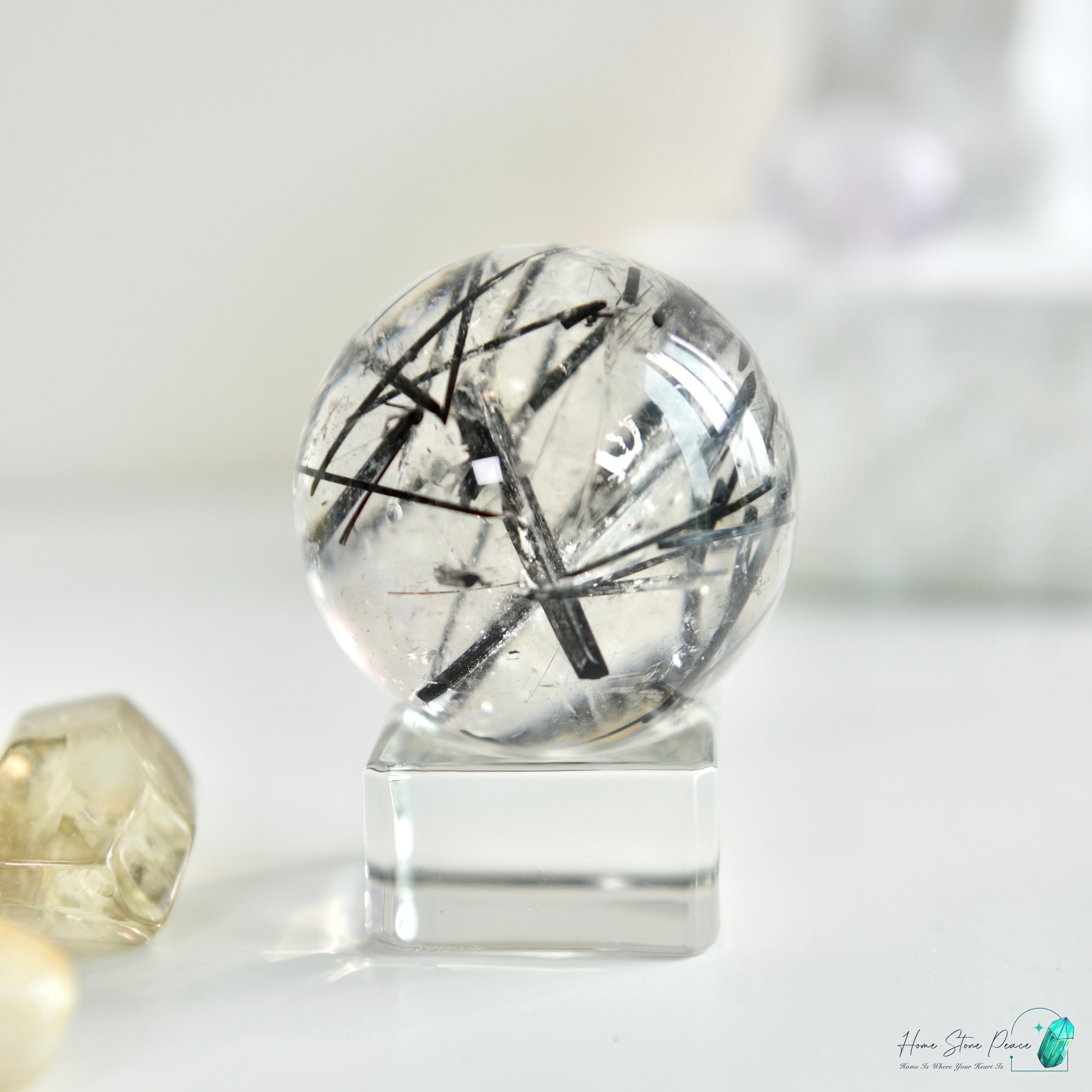 黑碧璽黑髮晶共生白水晶球 Black Tourmaline Black Rutiles in Quartz