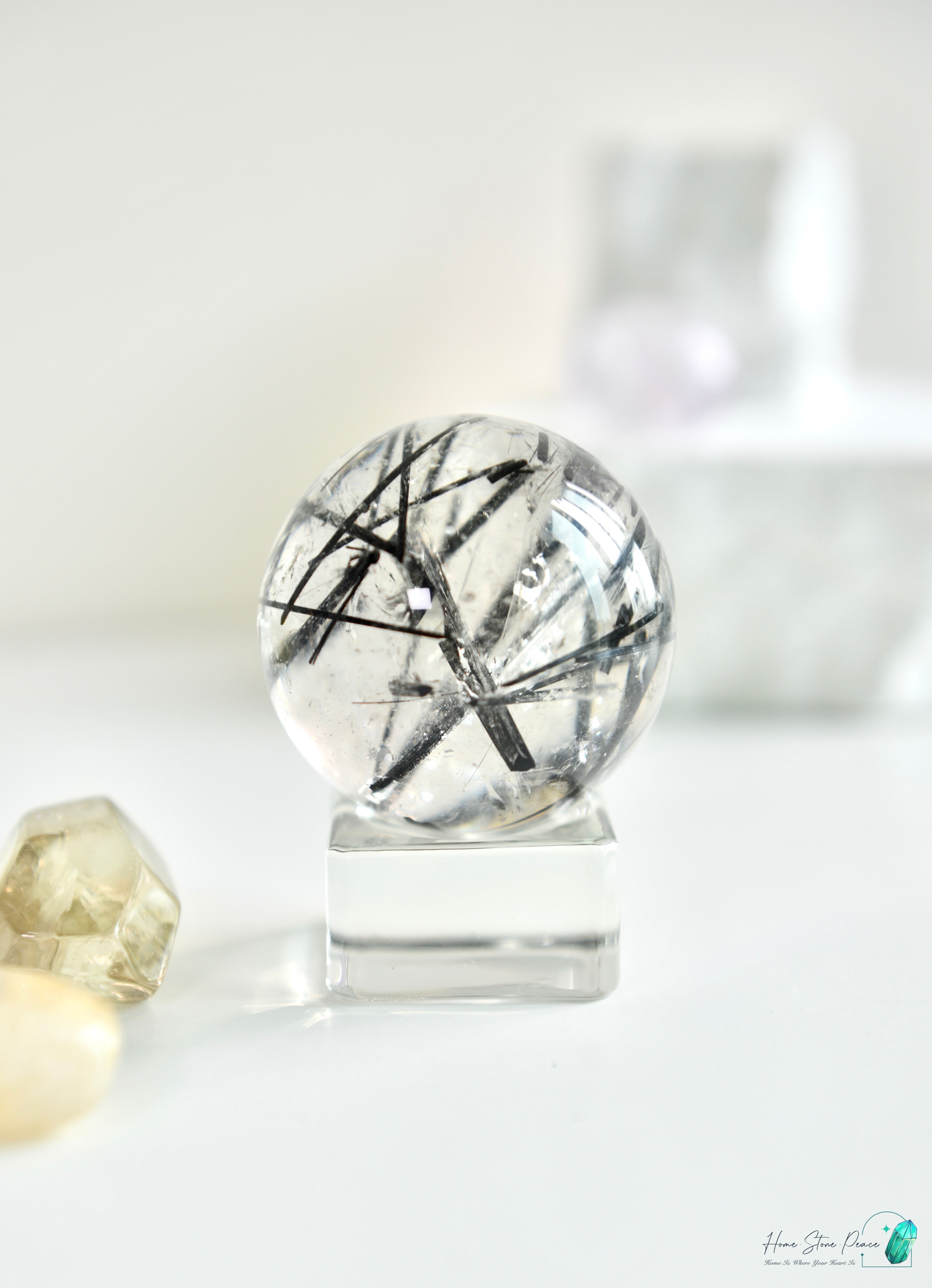 黑碧璽黑髮晶共生白水晶球 Black Tourmaline Black Rutiles in Quartz