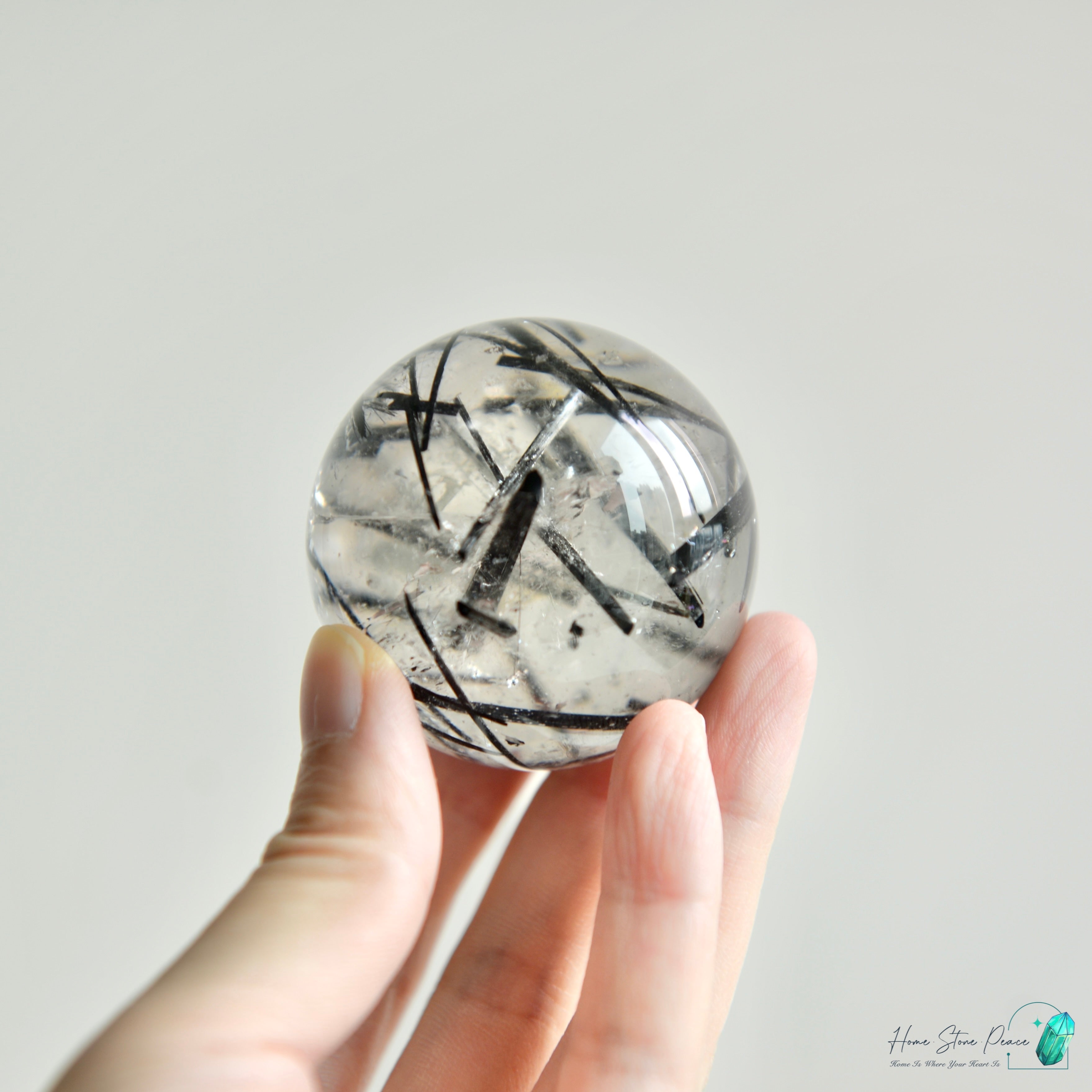 黑碧璽黑髮晶共生白水晶球 Black Tourmaline Black Rutiles in Quartz