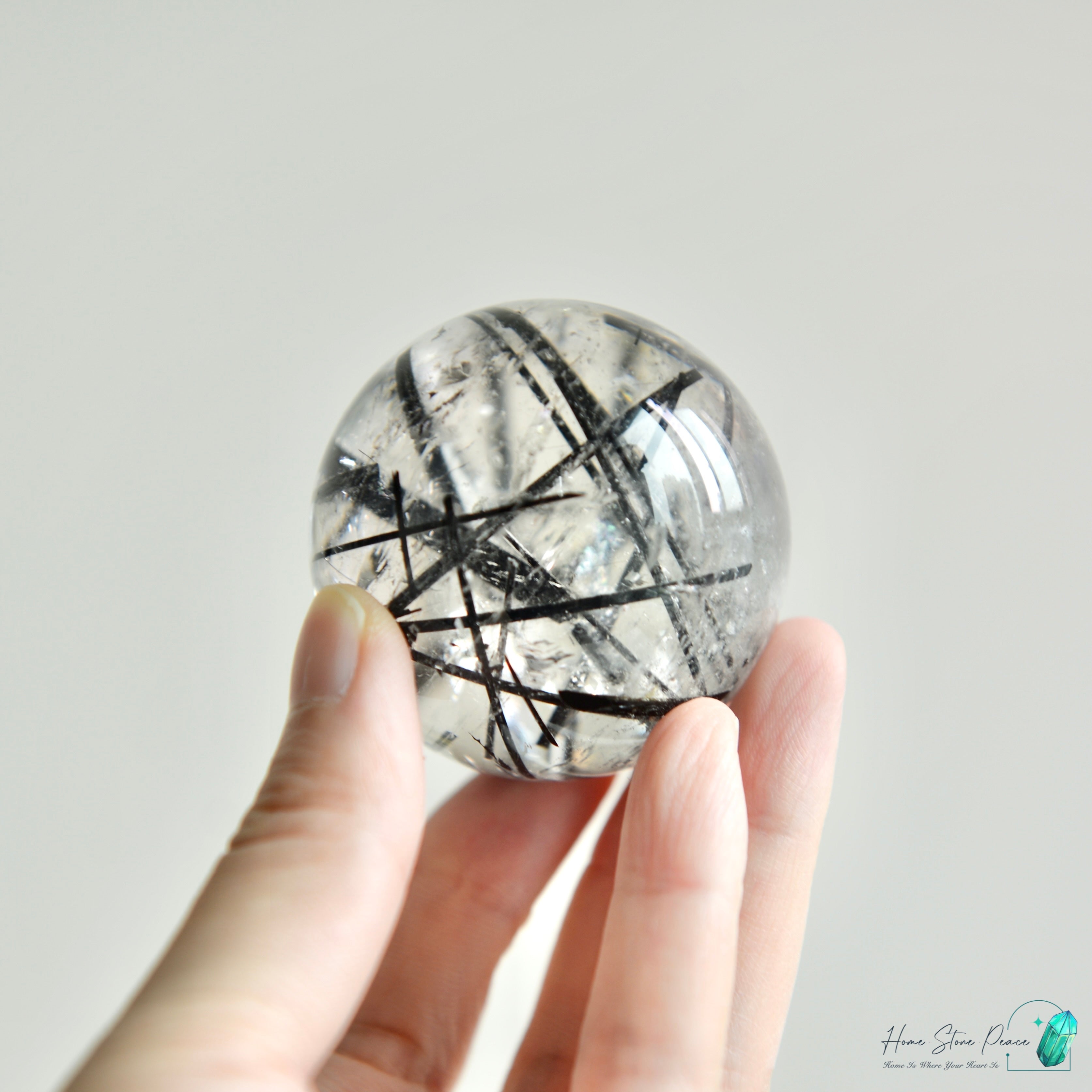 黑碧璽黑髮晶共生白水晶球 Black Tourmaline Black Rutiles in Quartz