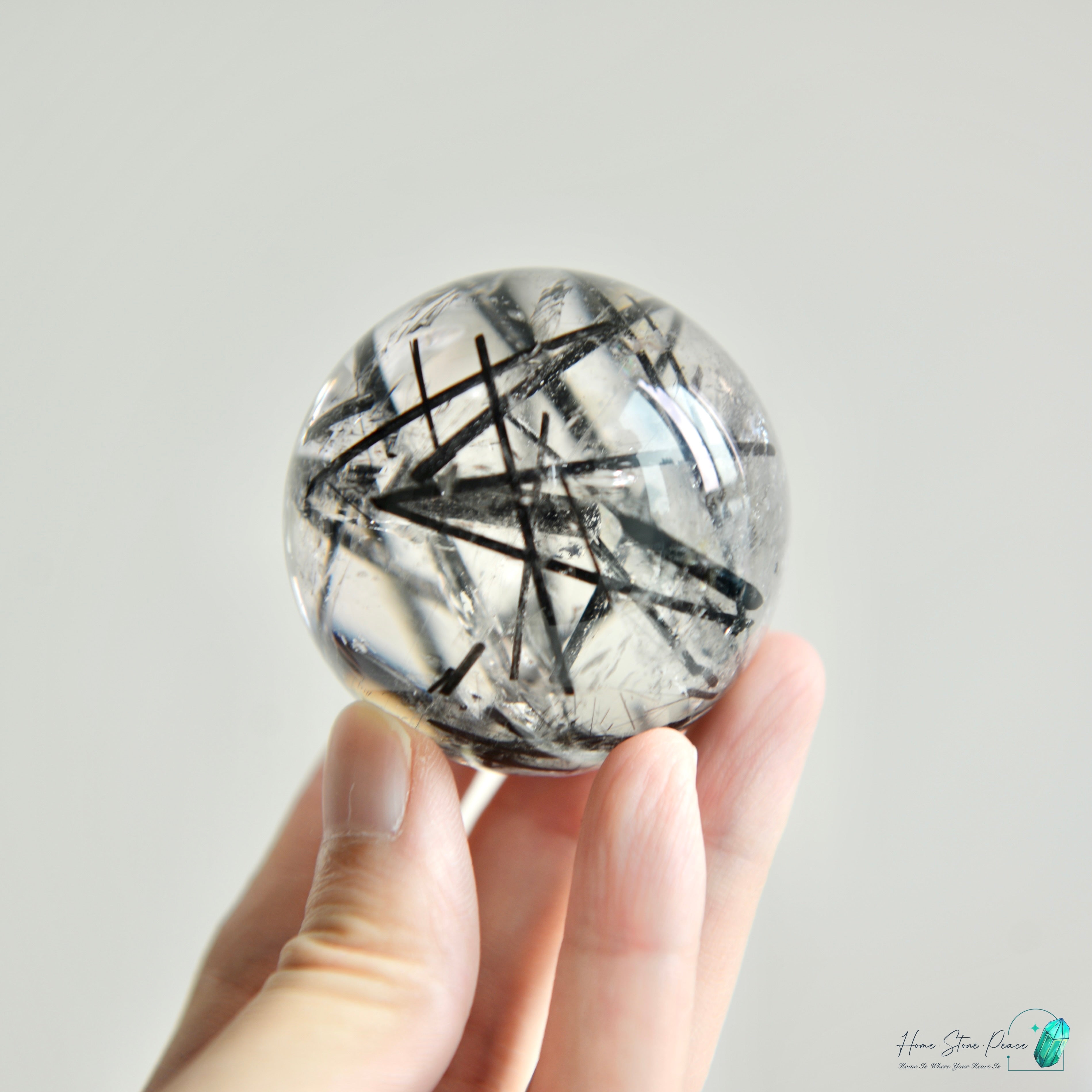 黑碧璽黑髮晶共生白水晶球 Black Tourmaline Black Rutiles in Quartz