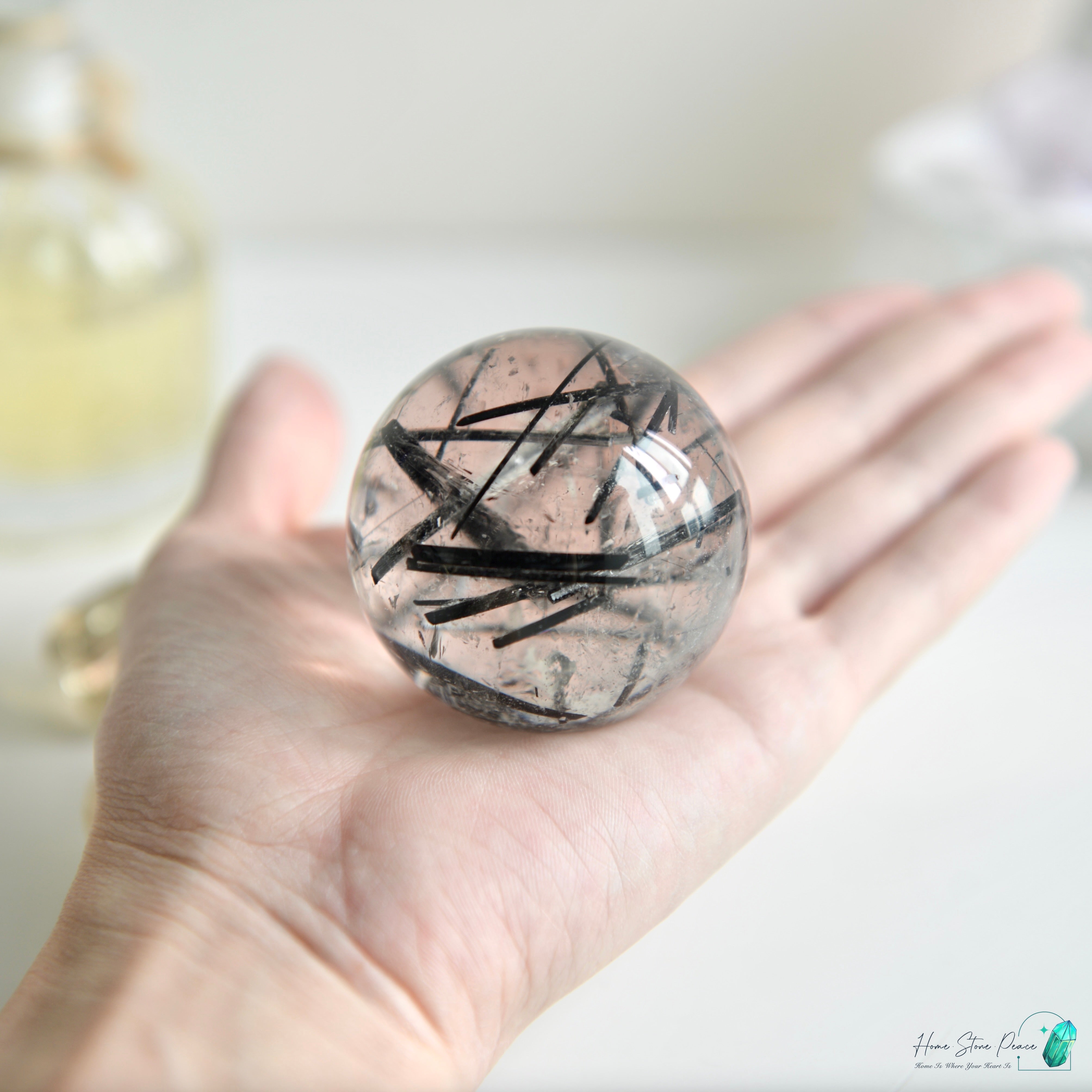 黑碧璽黑髮晶共生白水晶球 Black Tourmaline Black Rutiles in Quartz