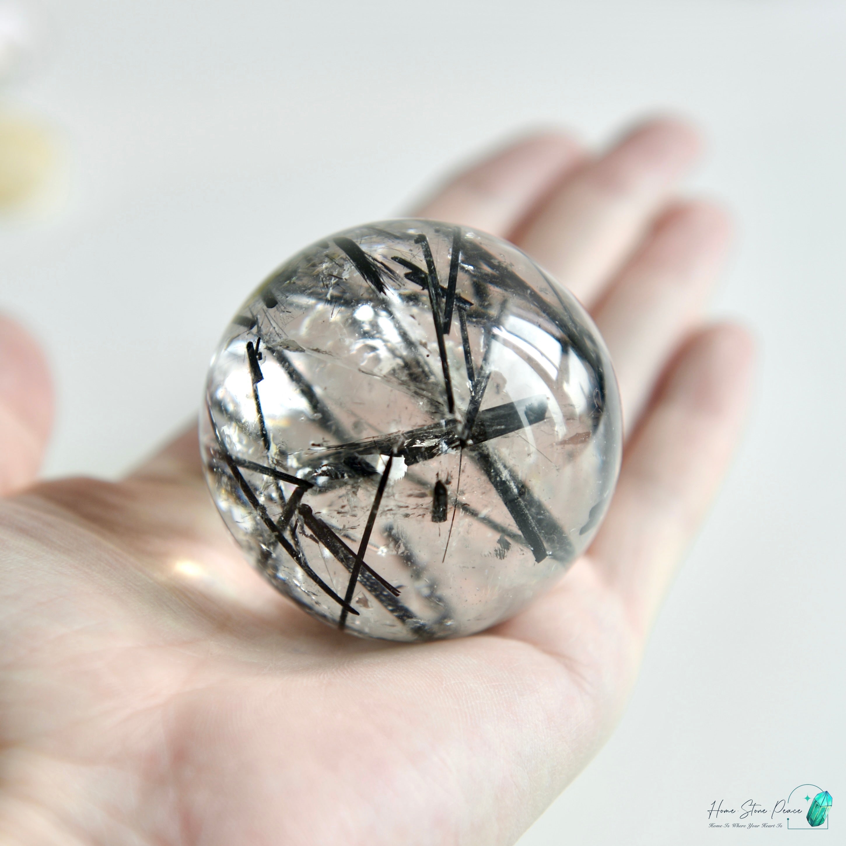 黑碧璽黑髮晶共生白水晶球 Black Tourmaline Black Rutiles in Quartz