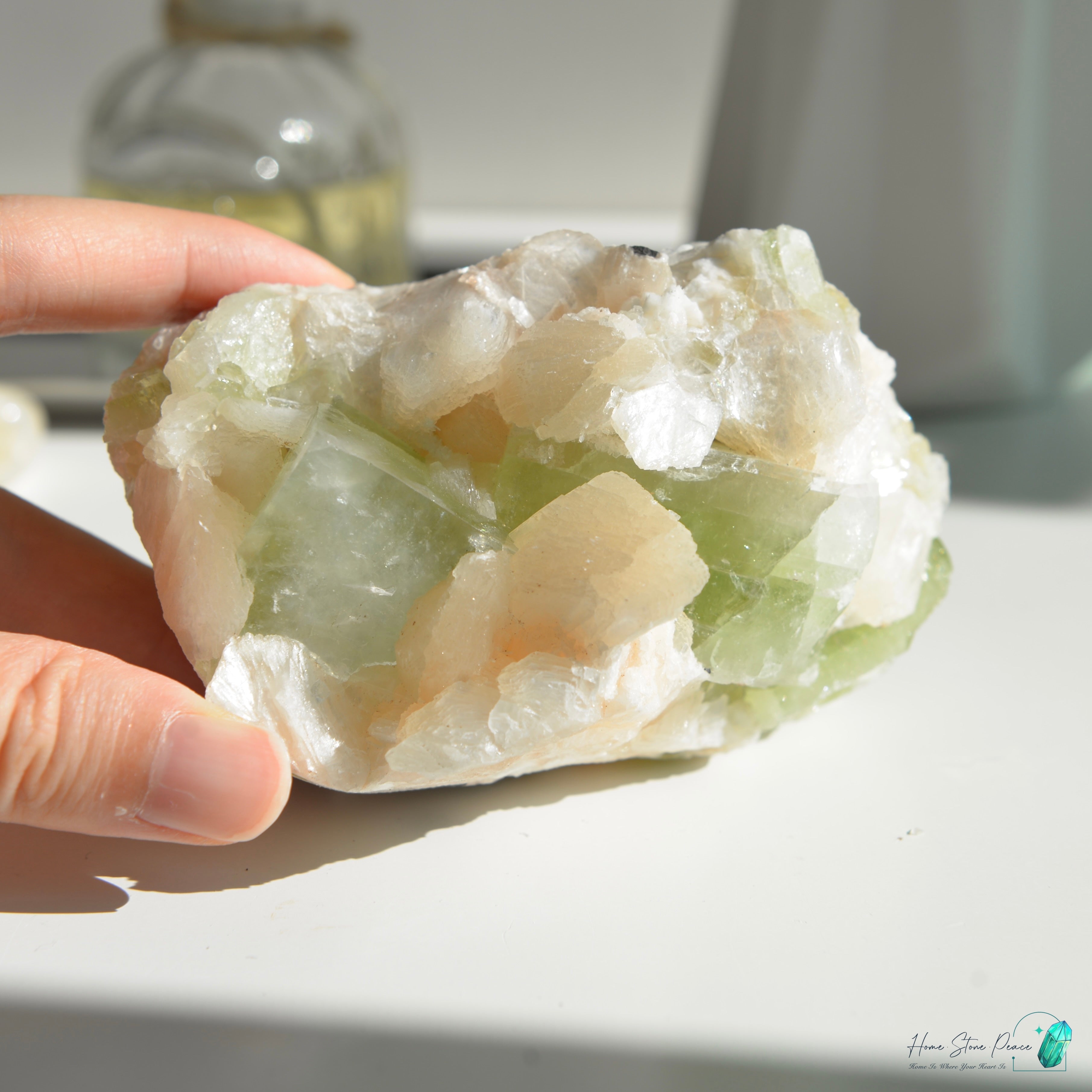 精品印度大顆綠魚眼石橙輝石沸石共生原石グリーンアポフィライト with ピーチスティルバイトクラスター