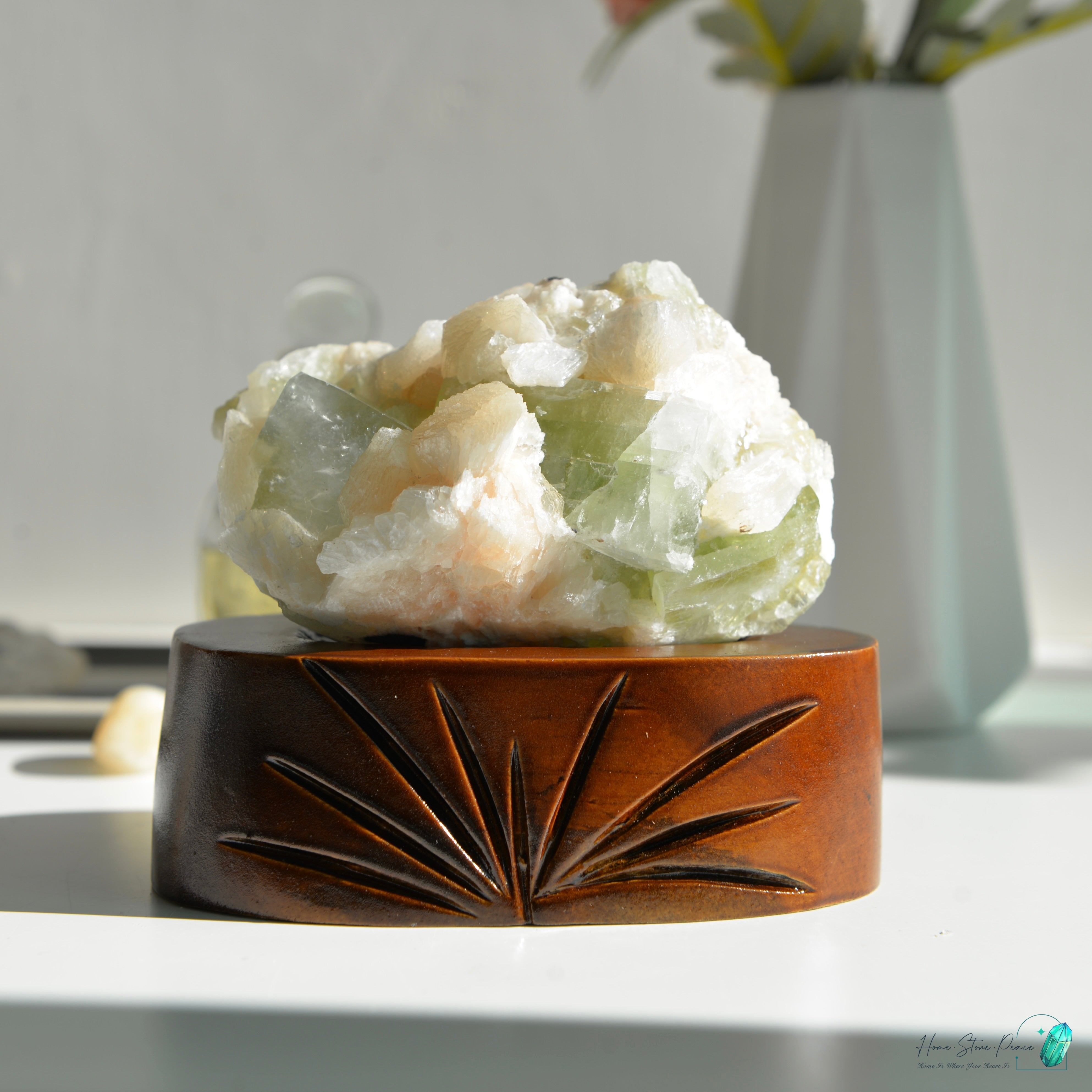 精品印度大顆綠魚眼石橙輝石沸石共生原石グリーンアポフィライト with ピーチスティルバイトクラスター