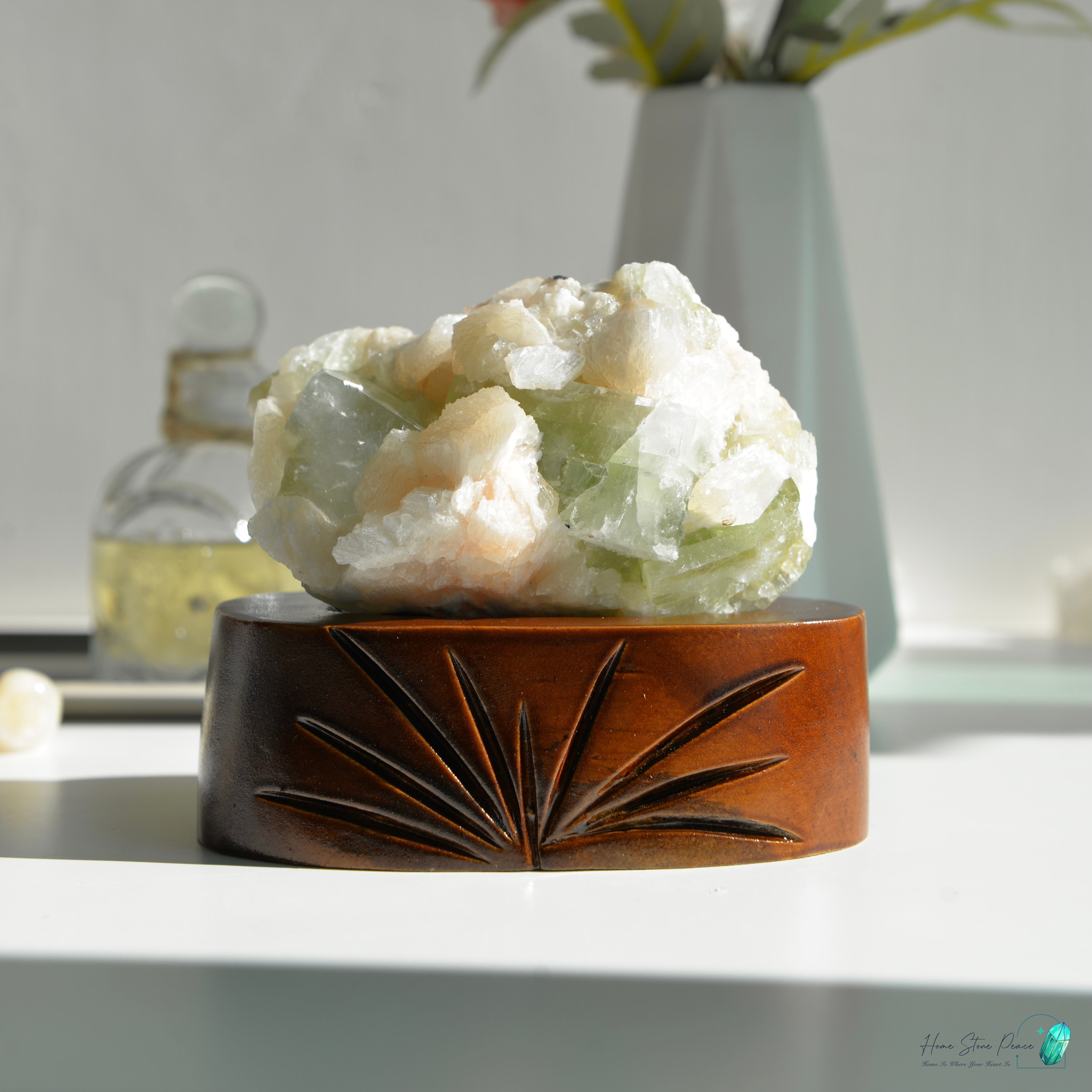 精品印度大顆綠魚眼石橙輝石沸石共生原石グリーンアポフィライト with ピーチスティルバイトクラスター