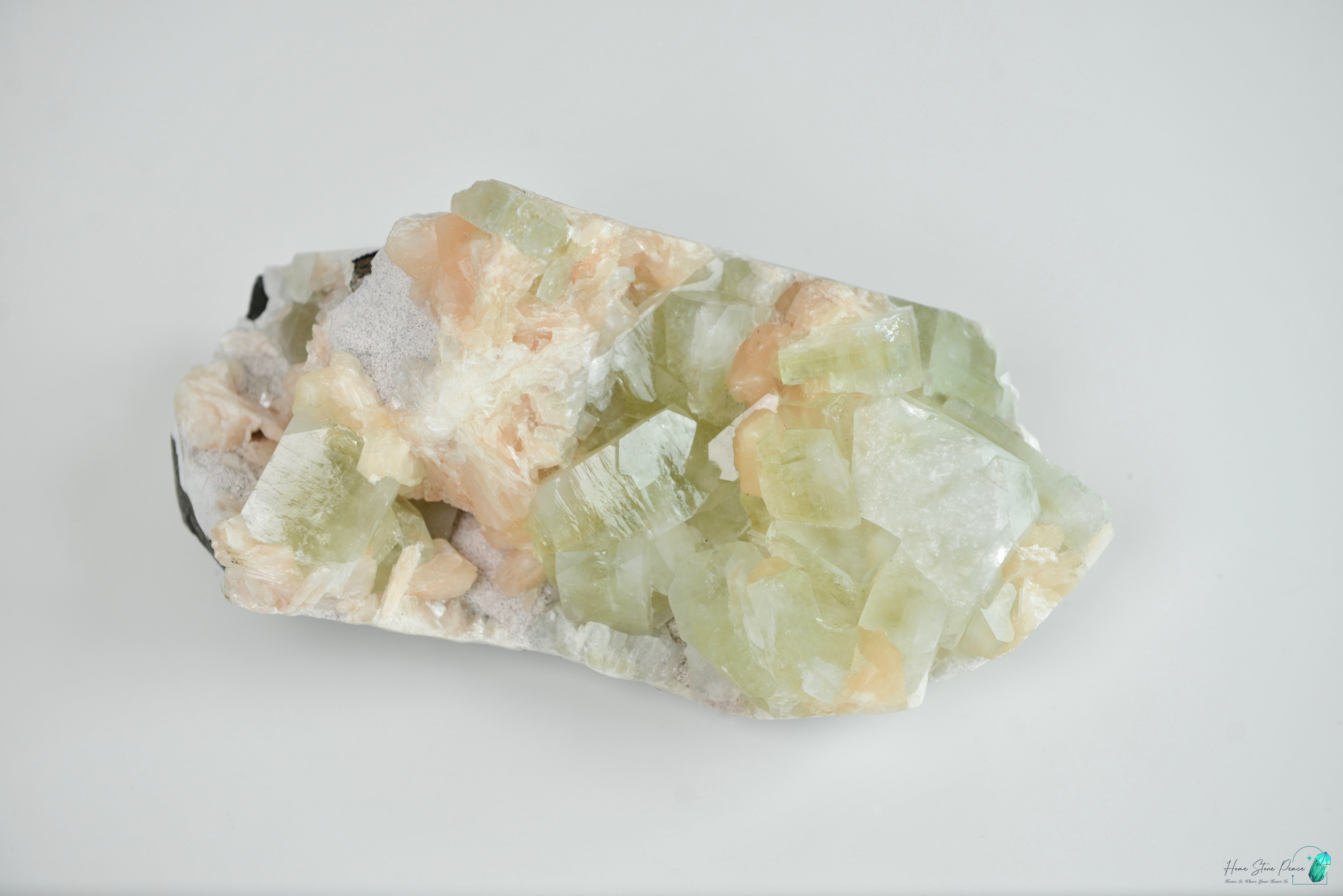 精品印度大顆綠魚眼石橙輝沸石共生原石 Green Apophyllite with Peach Stilbite Cluster