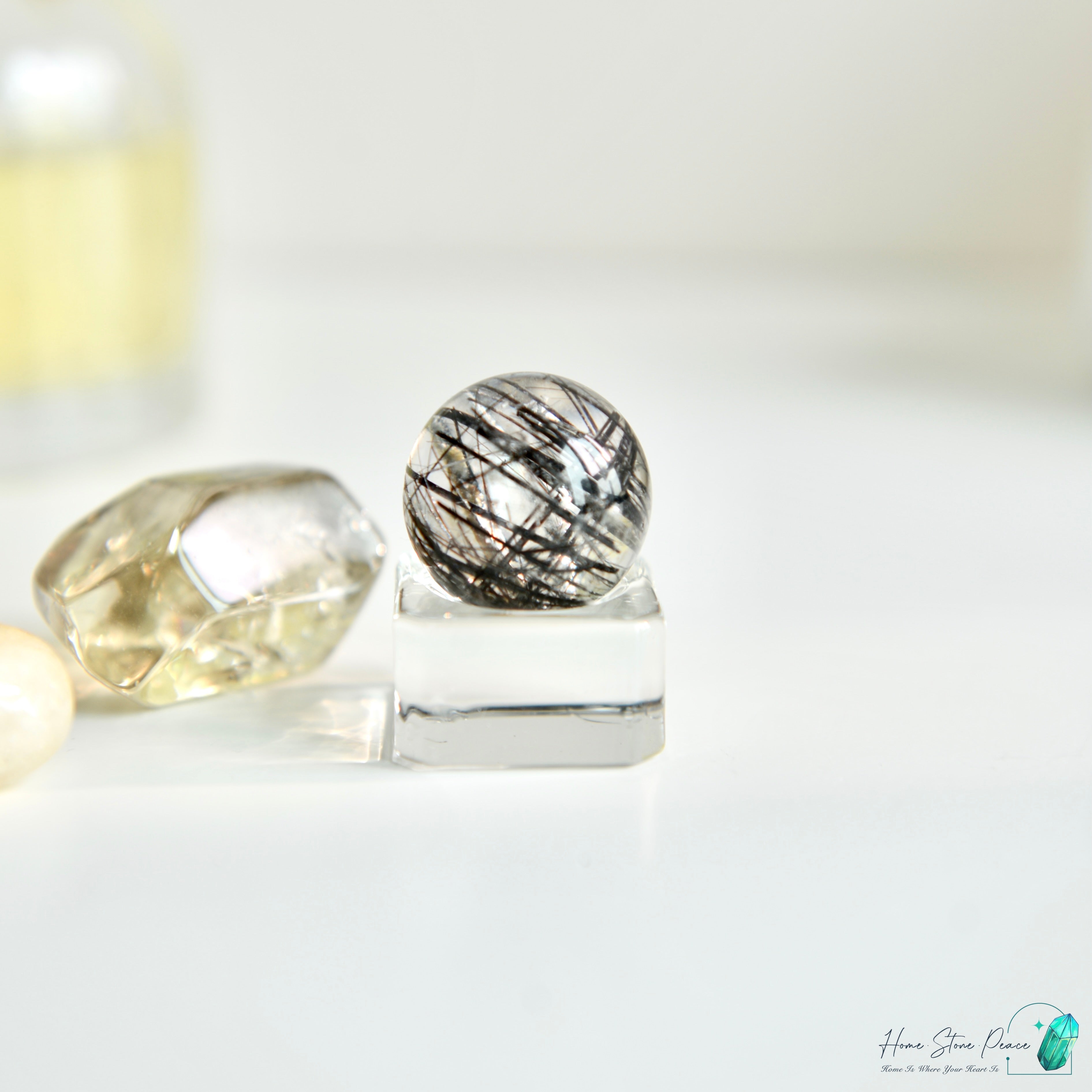 黑碧璽黑髮晶共生白水晶球 Black Tourmaline Black Rutiles in Quartz