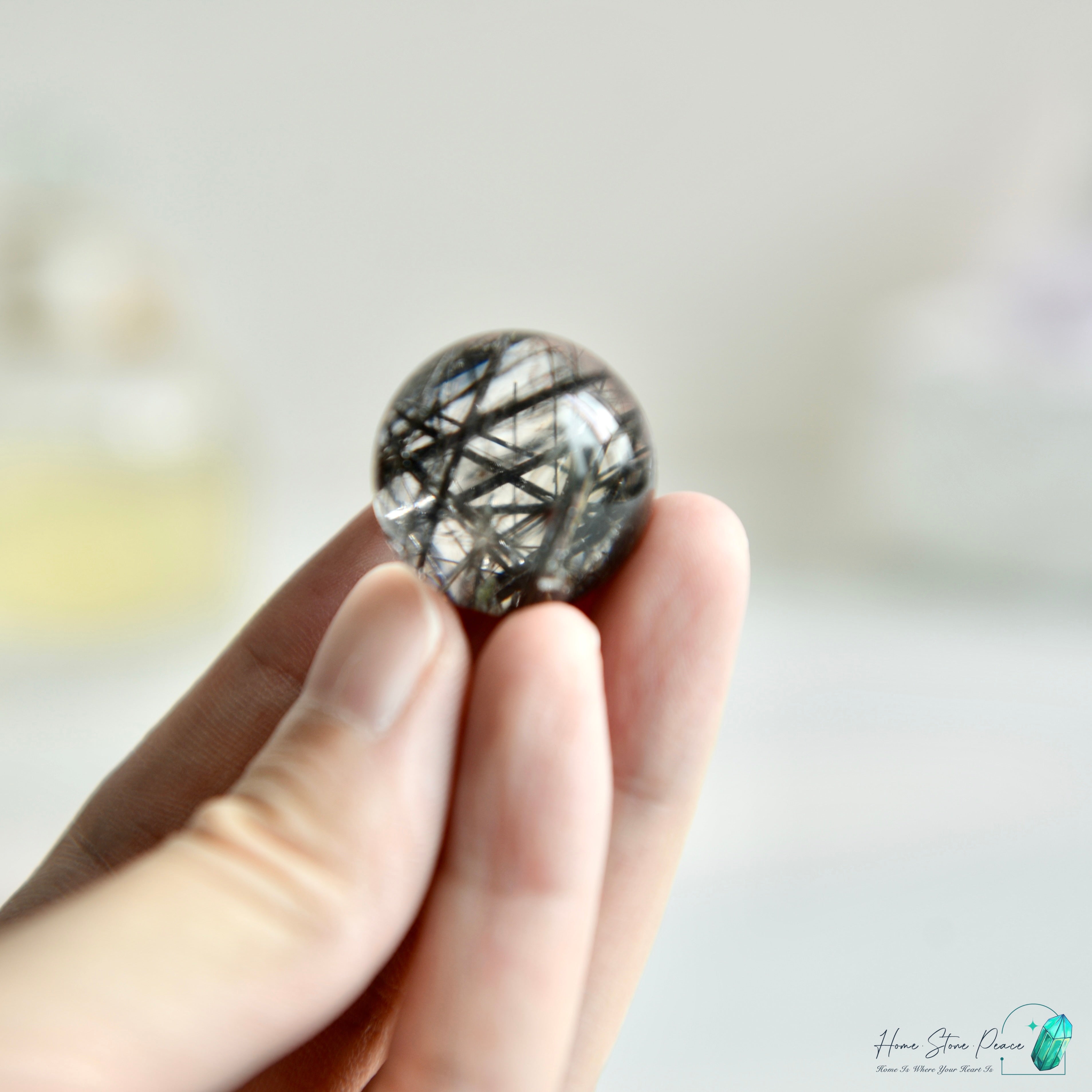 黑碧璽黑髮晶共生白水晶球 Black Tourmaline Black Rutiles in Quartz