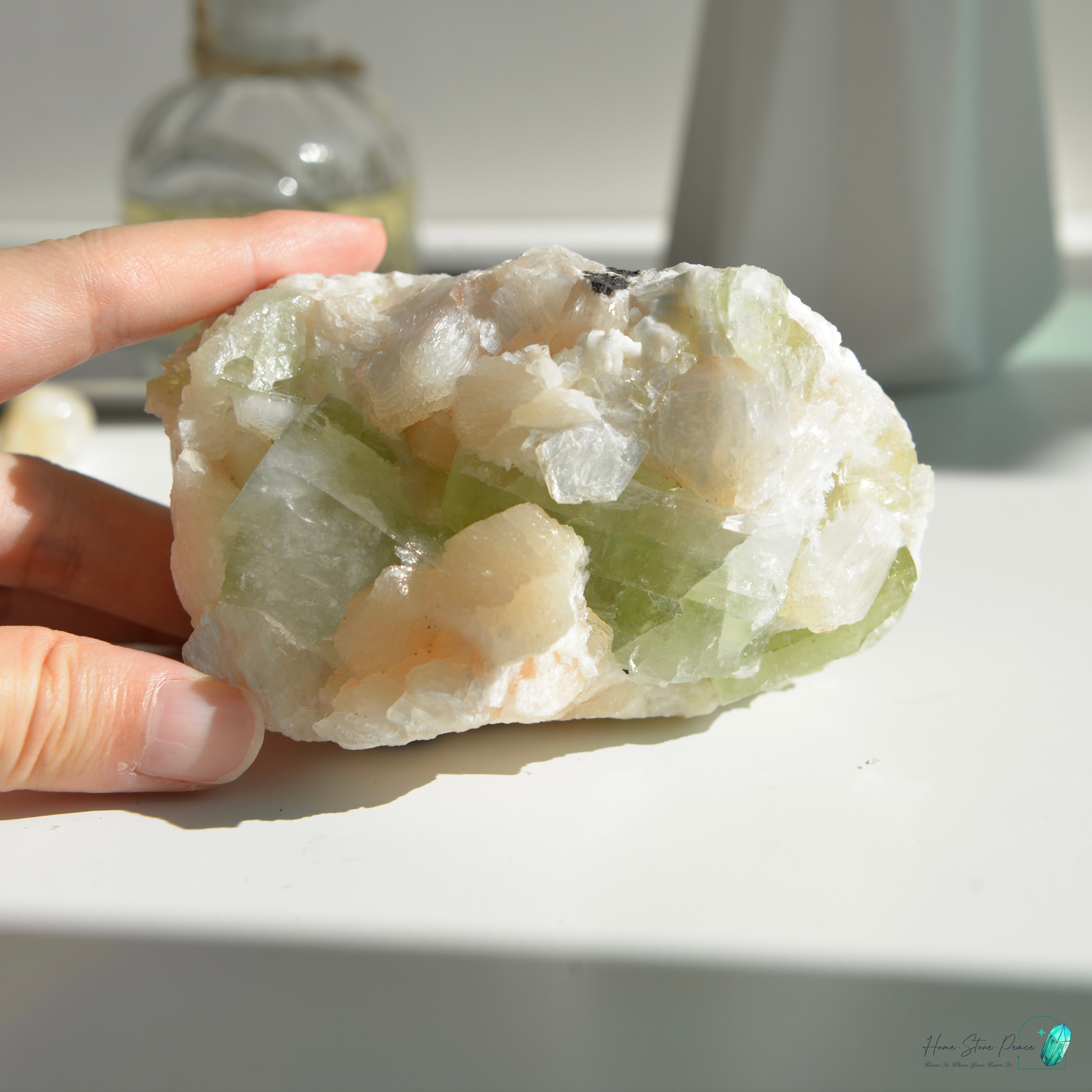 精品印度大顆綠魚眼石橙輝石沸石共生原石グリーンアポフィライト with ピーチスティルバイトクラスター